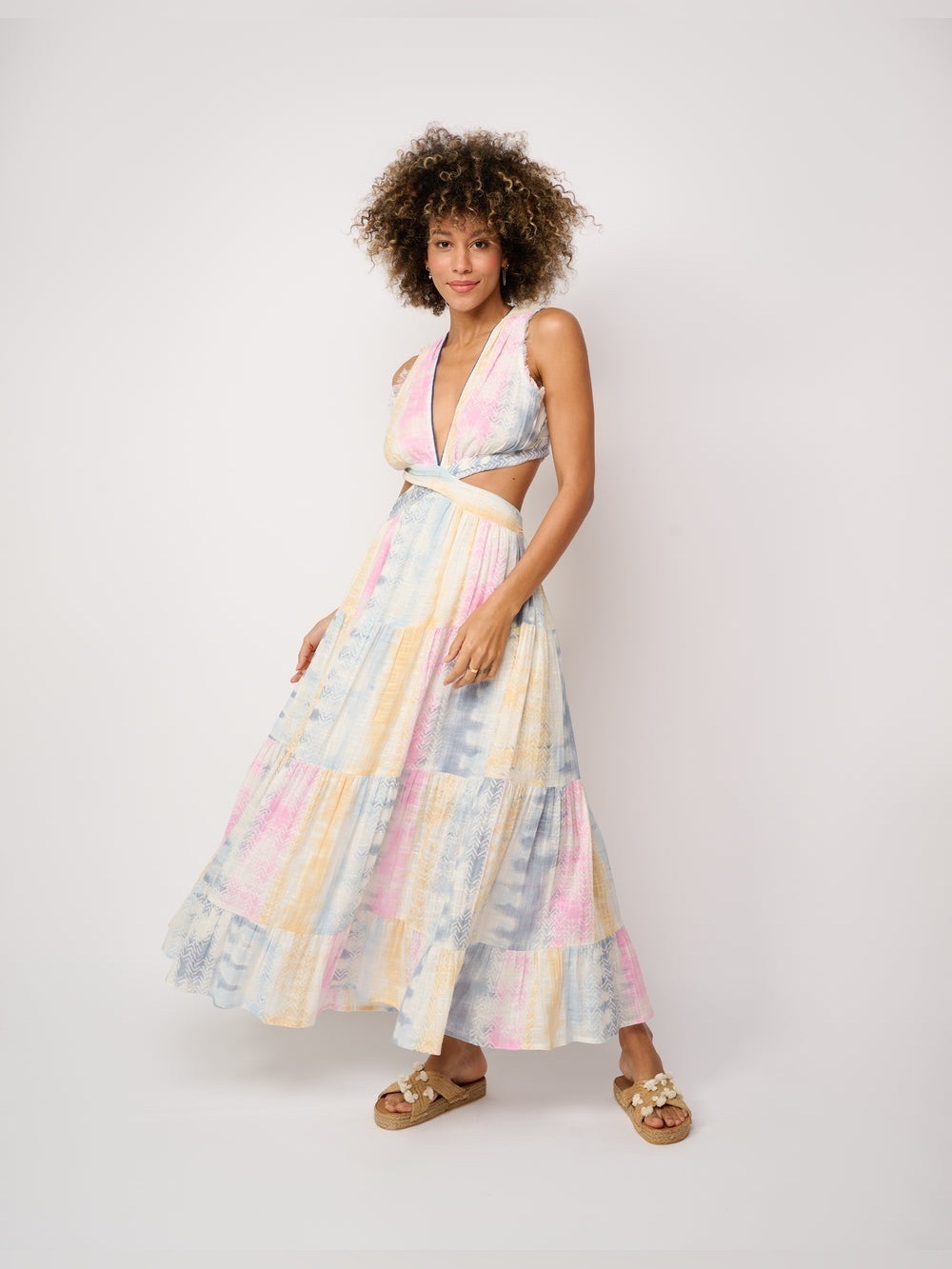 Z&L BASIQUE MAXI DRESS Size Large Pastel Tie-Dye Cutout Multi-Colour 100% Cotton